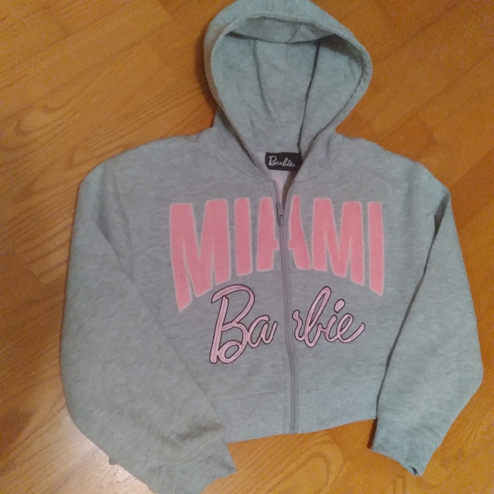 Miami Barbie Gray and Pink Cropped Zip-Up Hoodie Girls Size 10